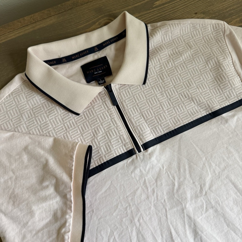Marc Asher Men's Large Light Pink Short Sleeve Zip Up Golf Polo Shirt Black Trim